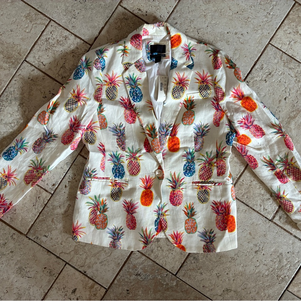 J. Crew Collection White Linen Tropical Pineapple Print Campbell Blazer
